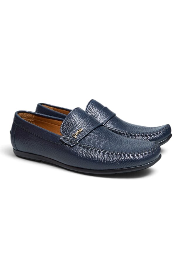 Navy Blue Color Laceless Genuine Leather Men's Shoes