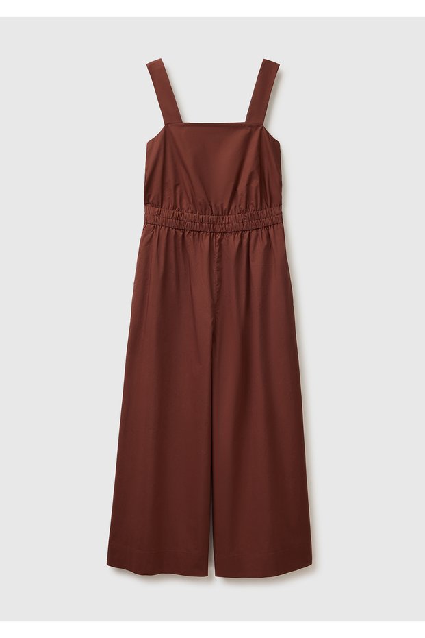Women's Dark Brown 100% Cotton Long-Leg Jumpsuit with Hidden Zipper