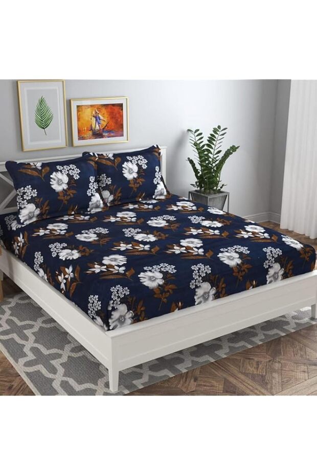 Sona Double Floral Bedsheet with 2 Pillow Covers | 144 TC Soft Brushed Microfiber - Breathable & Wrinkle Free - 3 Pcs Set Multicolour, Blue White & Coffee
