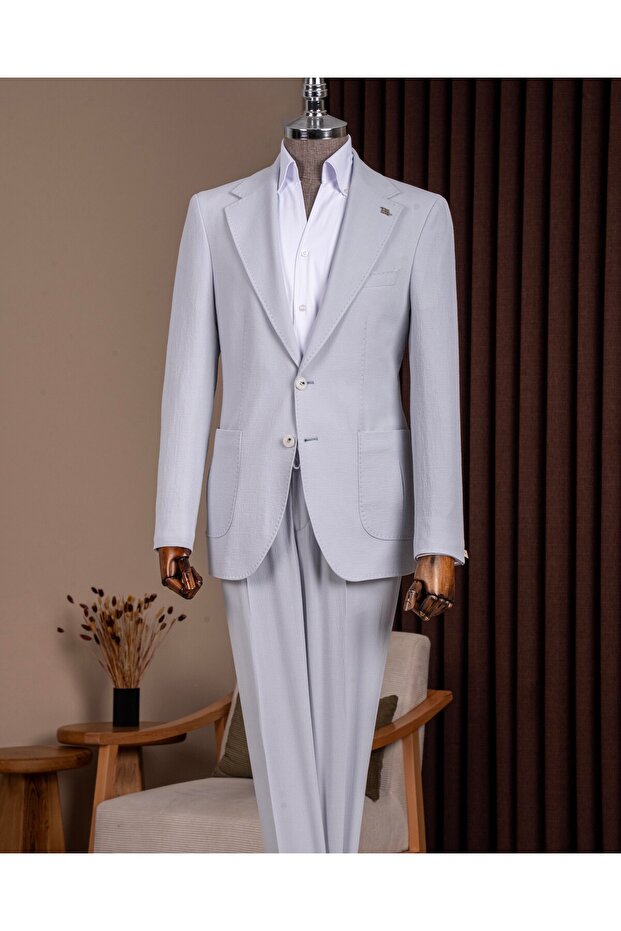 Slim Fit Men's Mono Collar Pocket Seersucker Fabric Jacket Pants Suit Ice Blue T20102-14