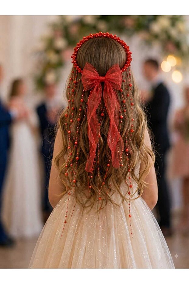 Refika's Crowns Special Design Princess Model Pendant with Pearls, Chiffon Tail Tulle Bow Children's Crown, Party Hairpin