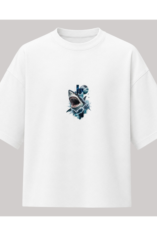 Moon Bite Oversize T-Shirt – Shark and Full Moon Print