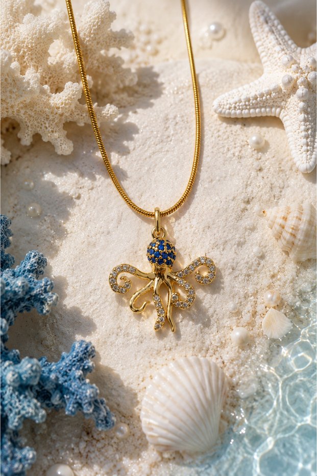 Ocean Muse Stone Octopus Figured Steel Necklace (Gold Color)