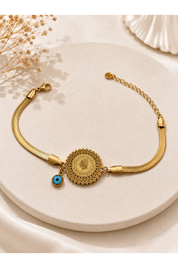 Gold Quarter Model Evil Eye Beaded Chain Steel Bracelet