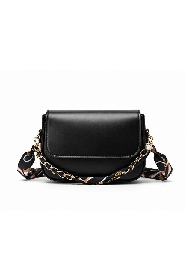 Celeste Bag Black Women's Shoulder Bag with Scarf and Chain Detail