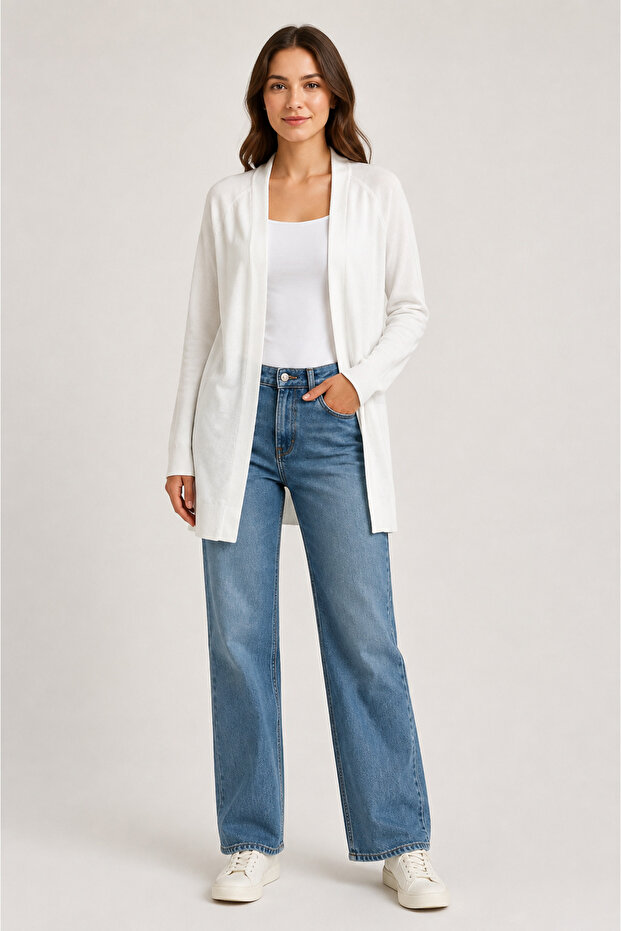 Women's White Long Knitwear Cardigan