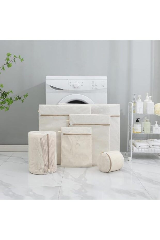YelaJoy 7 PCS Mesh Laundry Bags, Protective Washing Nets for Delicates, Reusable Pouch Set with Zipper Guard, Underwear and Sock Organizer for Machine Use, Beige and White