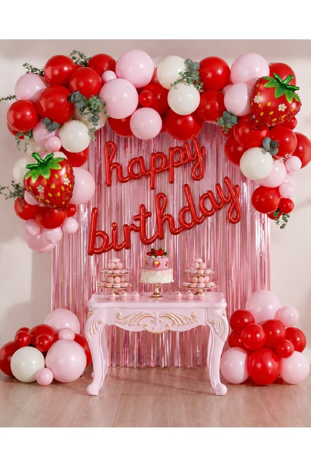 Strawberry Themed Birthday Decoration Set | Happy Birthday Balloons + Balloon Chain + Backdrop Party Decoration
