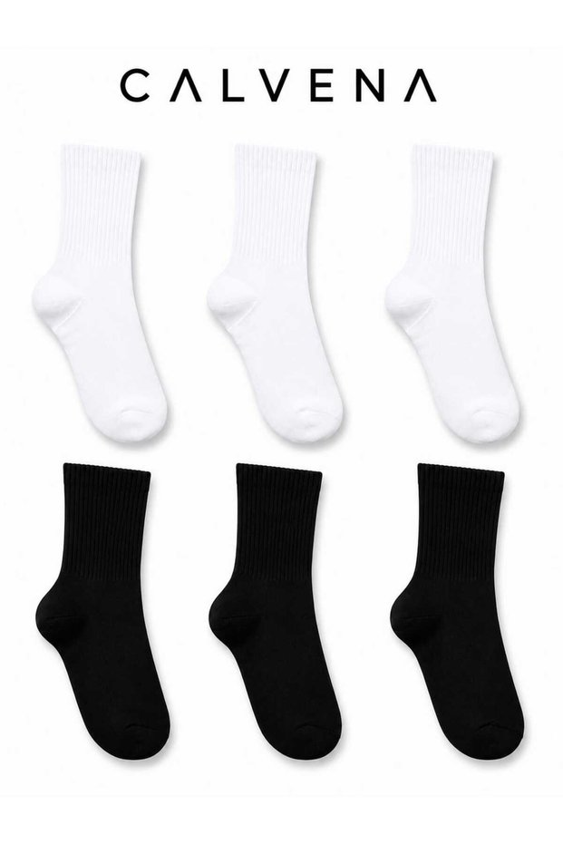 Unisex 6 Pairs Plain Black and White Cotton Woven Striped Short Tennis College Socks