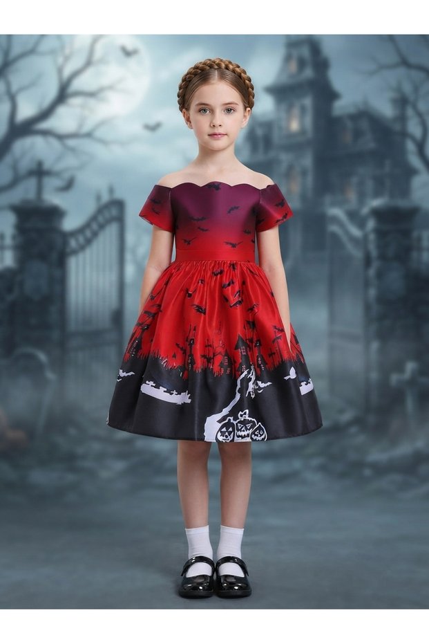 Girls Halloween Print Off-Shoulder Costume Dress – Red & Black Witch Party Dress
