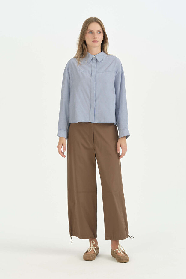 Cotton Trousers with Cutouts and Drawstrings - Brown