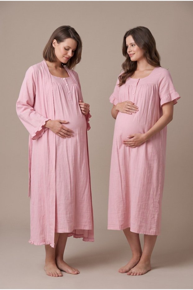 Women's Powder Muslin Cotton Fabric Short Sleeve Buttoned Maternity Nightgown Set with Nursing Detail