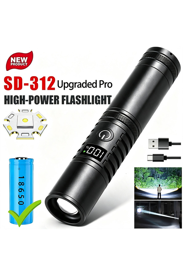 ZOOM black Upgraded Pro High Power Spotlight Long Range LED Flashlight With Power Type-C Charging Zo