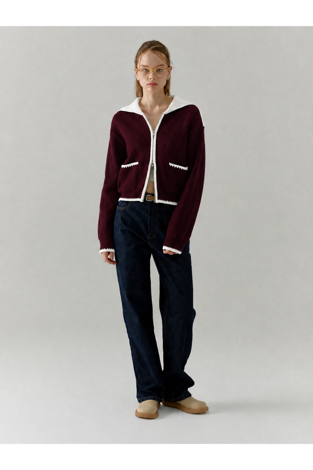 Women's Sailor Collar Double Zipper Contrast Knitwear Cardigan