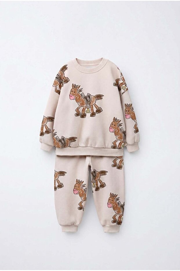 Children's Patterned Beige Sweatshirt and Sweatpants Set
