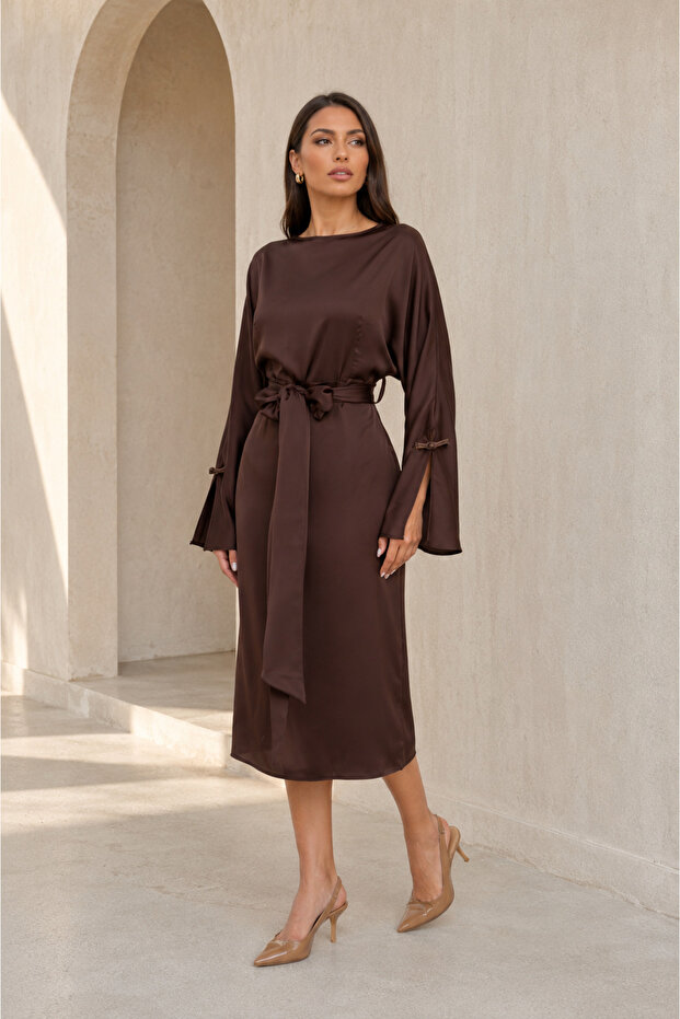 Satin Belted Midi Dress with Sleeve Detail - Brown