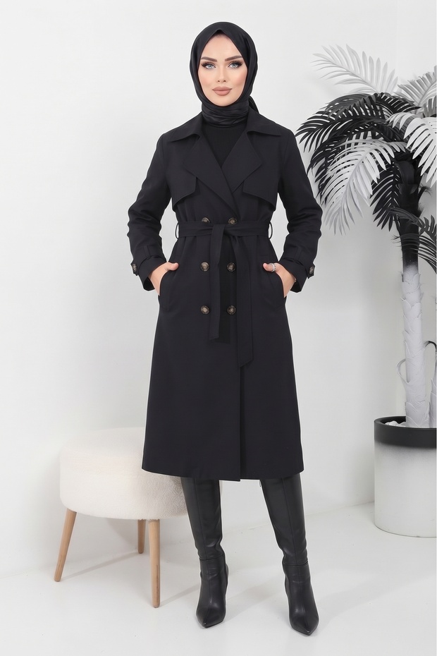 Women's Hijab Below Knee Lined Degaje Collar Linen Fabric Slit Trench Coat Black