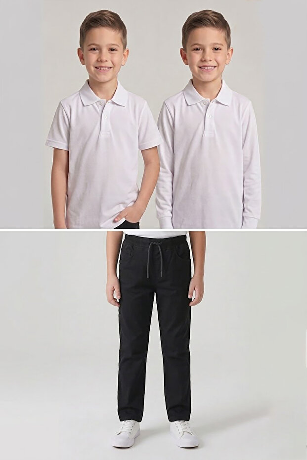 Boys' School White Long and Short Sleeve Polo Collar T-Shirt Black Ribbed Waist Pants 3-Piece Bottom-Top Set