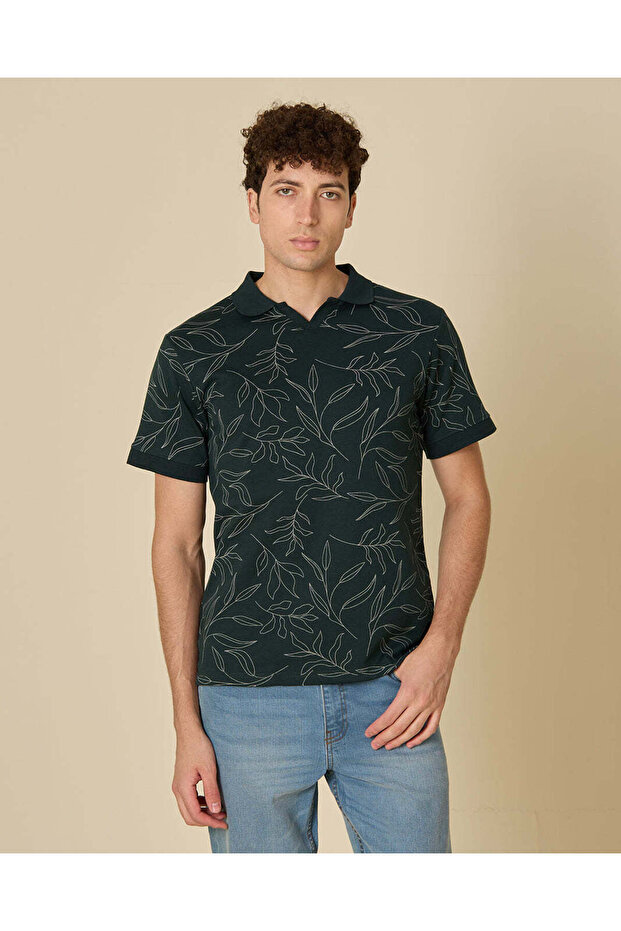Men Green Leaf Print Polo T Shirt