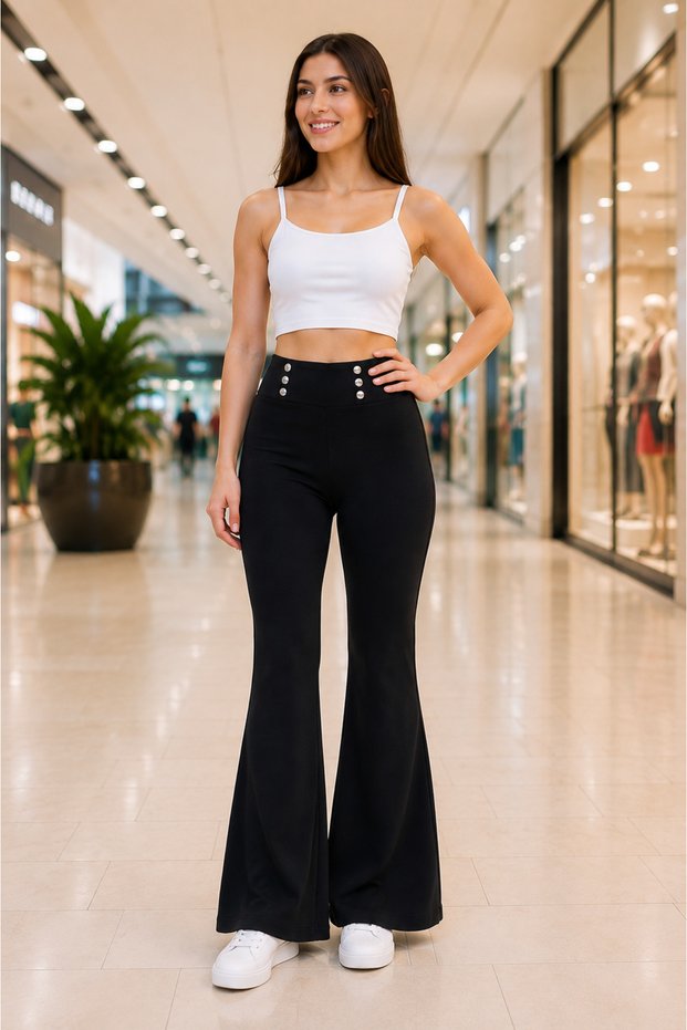 Women's High Waist Gathering Button Detailed Stretchy Spanish Leg Pants