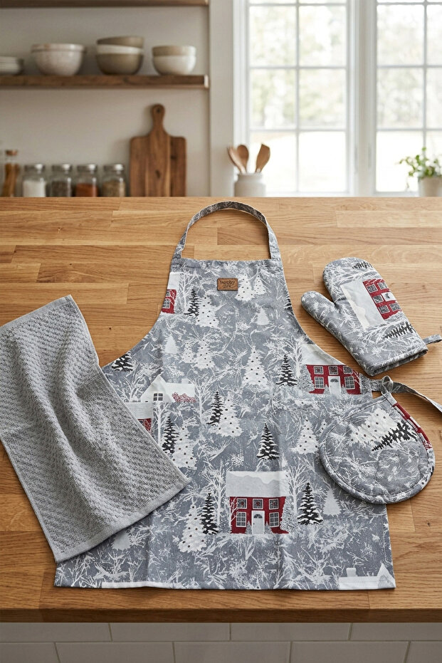 Professional Home Type 4-Piece Kitchen Apron Set Waterproof Chef Apron Waterproof Cotton Cook Apron, Oven Mitt, Potholder and Towel Set