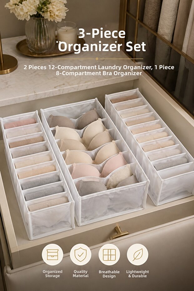 3-Piece Closet Organizer Set – 2 Pieces of 12-Compartment Laundry Organizer + 8-Compartment Bra Organizer