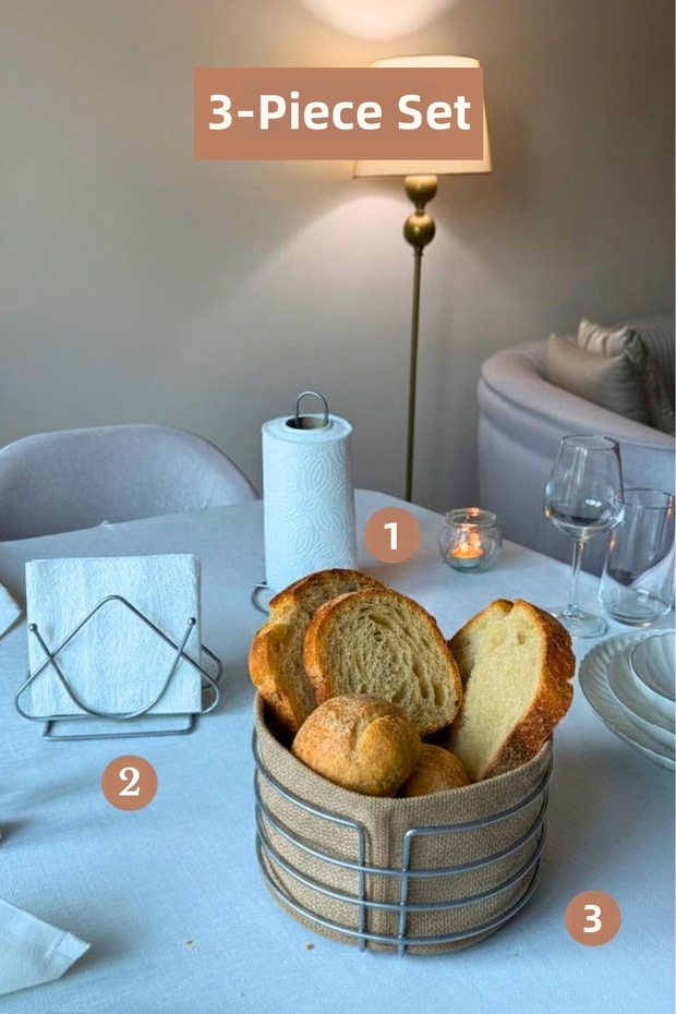 Set of 3 Matte Silver Triangle Napkin Holder Upright Paper Towel Holder Round Bread Basket Kitchen Set