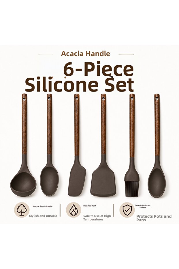 6-Piece Silicone Kitchen Utensil Set with Acacia Wood Handles – Spatula-Skimmer-Spoon-Brush – Non-Scratch, Pot-Friendly