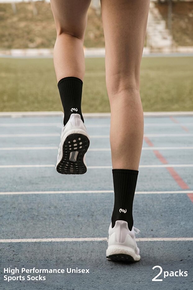 Unisex Cotton Half Towel Sports Socks, 2-Pack Black