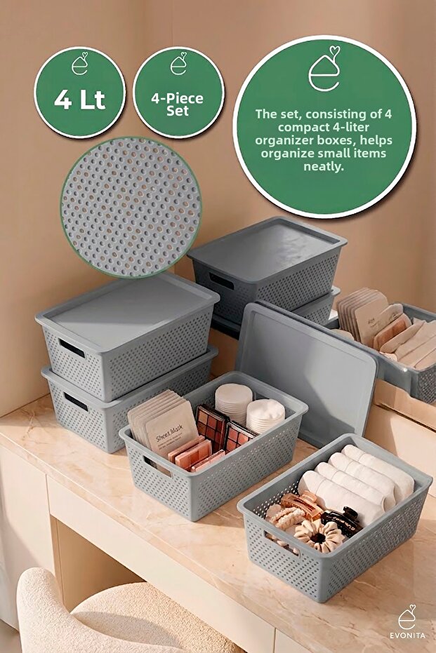 4-Piece Storage Box with Lid 4 Lt Multi-Purpose Organizer Bathroom Kitchen Cabinet Organizer