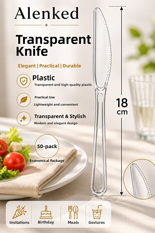 Transparent Plastic Knife 18 cm Pack of 50