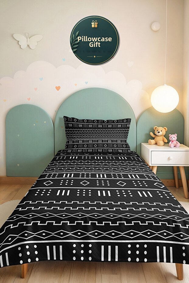 Black Geometric Modern Young Room Single Pique Set - Ethnic 160X220 cm Quilted Bedspread