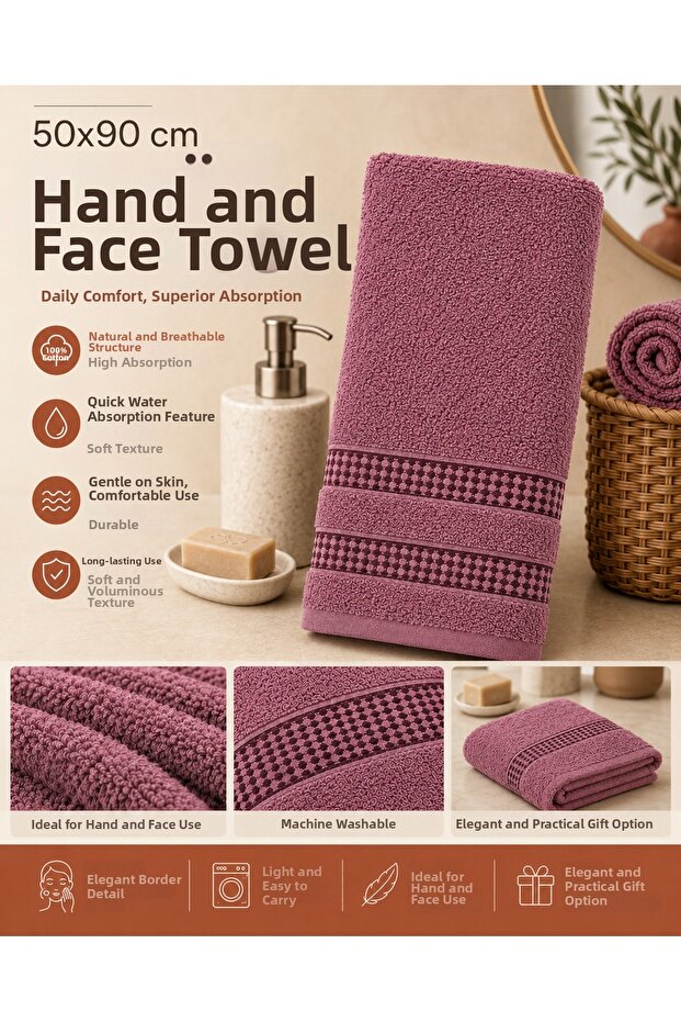 Dried Rose 50X90 cm Hand Towel 100% Cotton Soft Textured High Absorbent Towel with Border