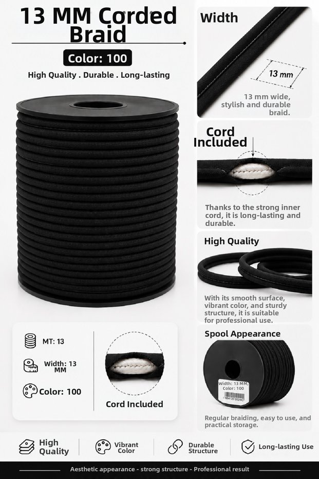 100% Cotton Verev Layered Drawstring Bias Tape 13 mm (25 Meters) - Cotton Sewing and Bias Tape
