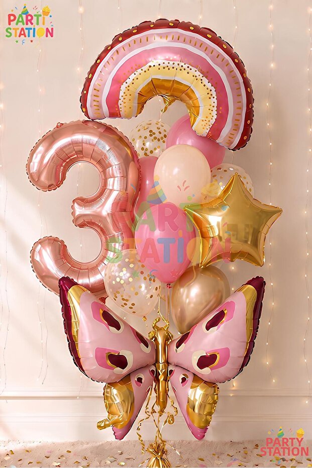 Bohemian Rainbow and Butterfly Concept Balloon Set 3 Years Old 12 Pieces