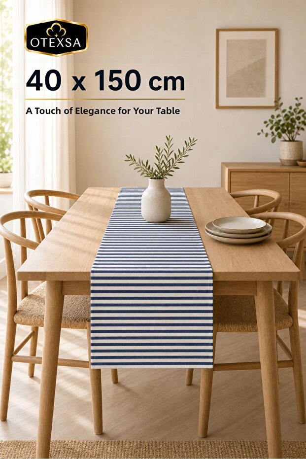 مفرش طاولة أمريكي مخطط باللون الأزرق الداكن مقاس 40 × 150 سم
