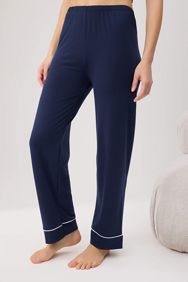 Lacivert Dantel Braletli Biyeli Pantolon Viskon Süprem Örme Pijama Takımı THMSS26PT00238 - 3