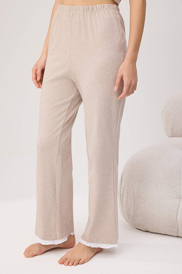 Bej Melanj Pamuklu Çift Katlı Fırfırlı Örme Pijama Takımı THMAW26PT00125 - 3
