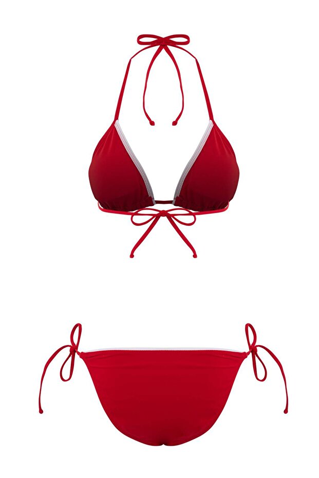 Kırmızı Renk Bloklu Biyeli Üçgen Normal Bel Kaplı Regular Bikini Takımı TBESS26BT00022 - 5