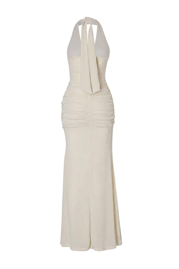 Ekru Simli Drape Dekolte Detaylı Astarlı Maxi Abiye & Mezuniyet Elbisesi TPRSS26AE00153 - 9