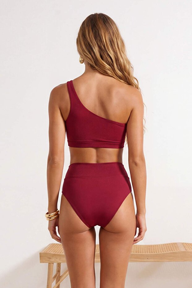 Bordo Tek Omuz Kaplı Hipster Yüksek Bel Regular Bikini Takımı TBESS24BT00126 - 4