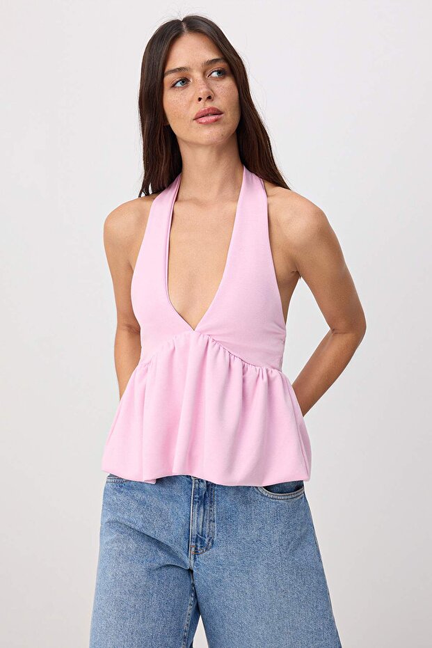 Pembe Fitted/Vücuda Oturan Boyundan Bağlamalı Büzgülü Soft Touch Örme Bluz TWOSS26BZ00787 - 1