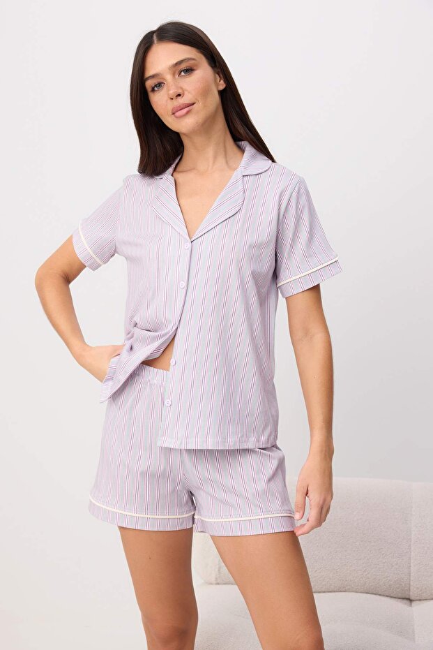 Trendyolmilla  Lila-Çok Renkli %100 Pamuklu Çizgili Biyeli Şortlu Örme Pijama Takımı THMSS25PT00416 - Görsel 2