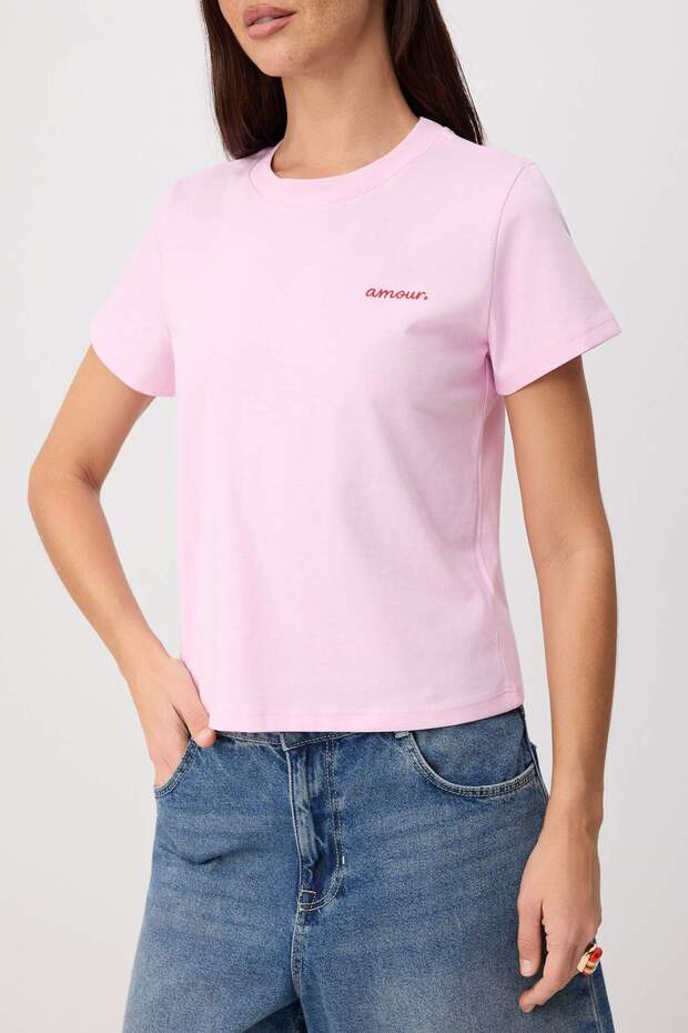 Pembe Nakışlı Regular/Normal Kalıp Kısa Kollu %100 Pamuk Örme T-Shirt TWOSS26TS00124 - 3