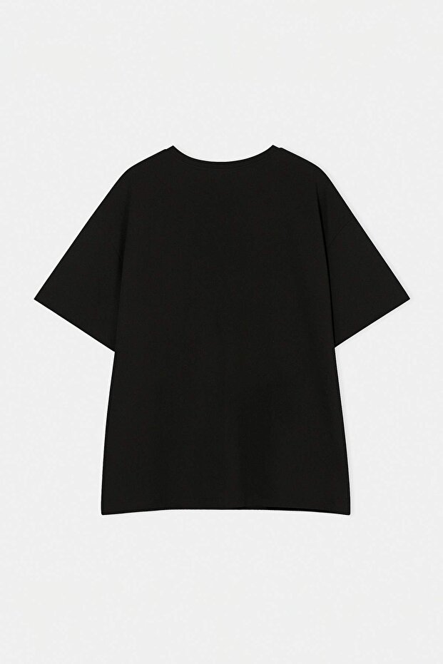 Siyah %100 Pamuk Oversize/Geniş Kalıp Galaksi Baskılı Büyük Beden Örme T-Shirt TBBSS26BF00009 - 8