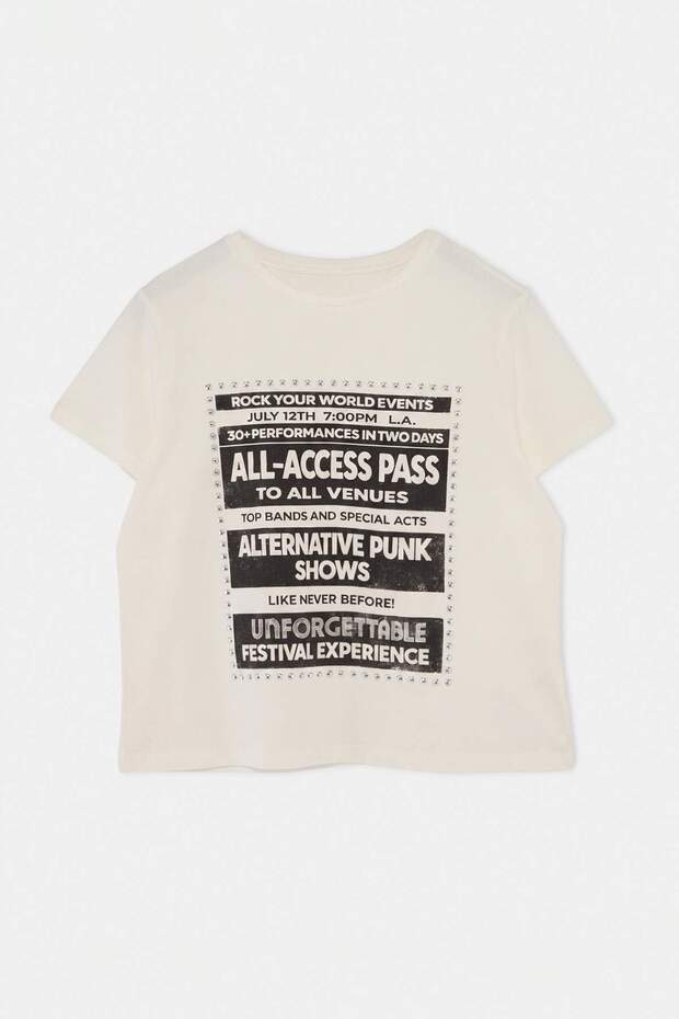 Ekru Trok & Baskı Detaylı Büyük Beden Örme T-Shirt TBBSS26BF00050 - 5