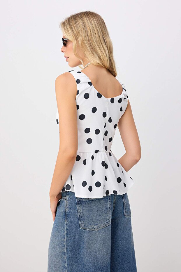 Beyaz Puantiye Desenli Poplin Dokuma Bluz TWOSS26BZ00542 - 4