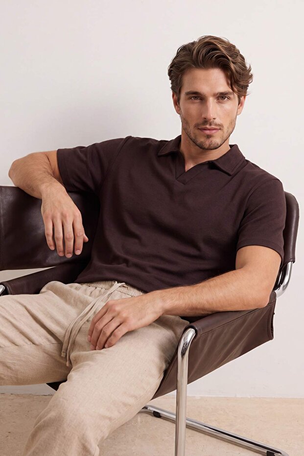 Kahverengi Regular/Normal Kesim Yumuşak Dokulu İnterlok Polo Yaka T-shirt TMNSS26PO00034