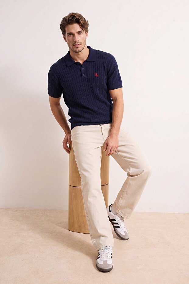 Lacivert Regular/Normal Kesim Nakışlı Dokulu Triko Polo Yaka T-shirt TMNAW27PO00004 - 2