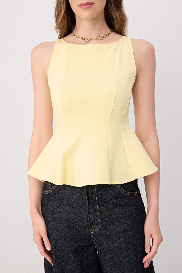 Sarı Peplum/Belden Oturmalı Kayık Yaka Esnek Örme Bluz TWOAW26BZ00229 - 3